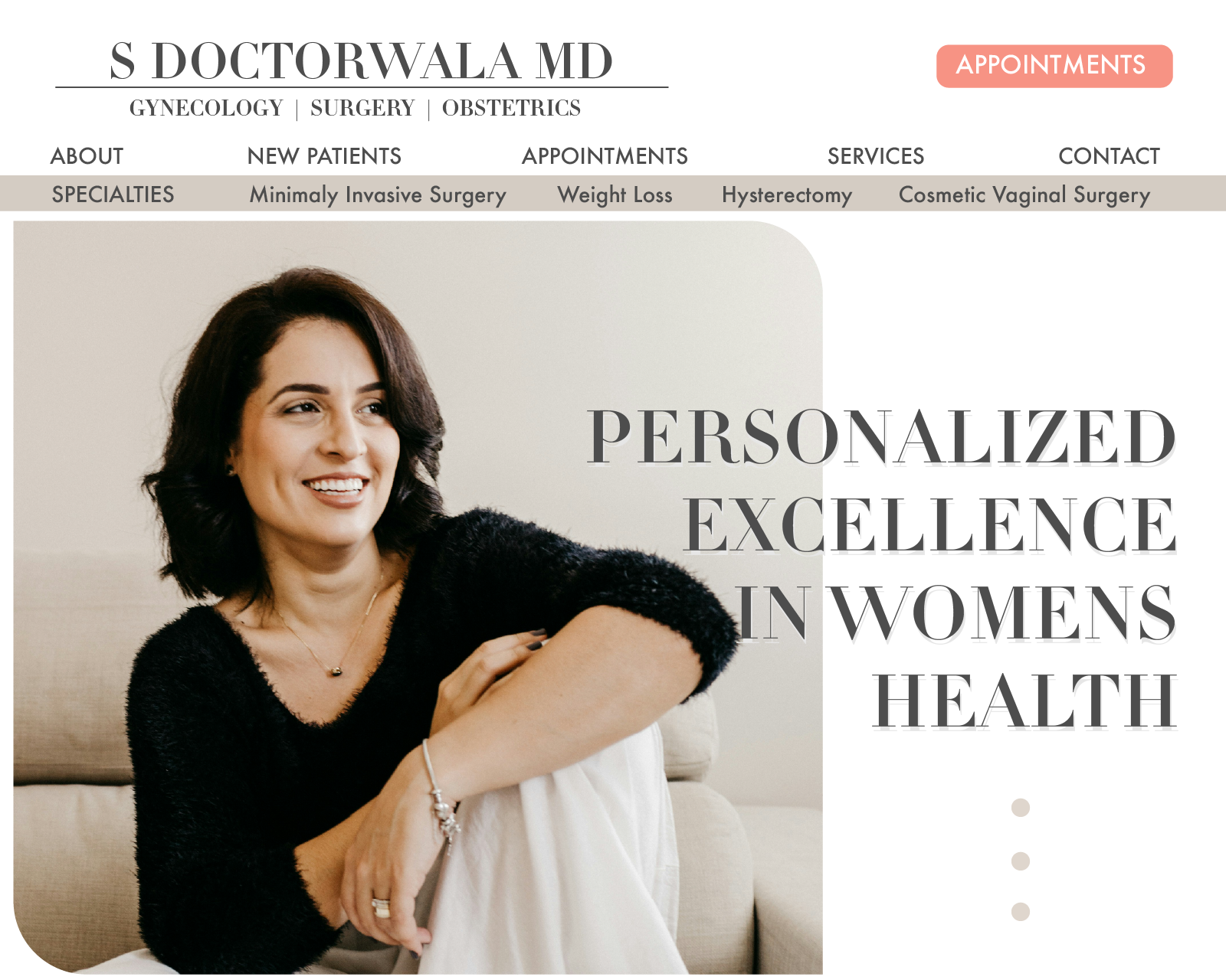 Smiling woman with dark hair sitting on a beige couch, beside text reading 'Personalized excellence in women's health'.