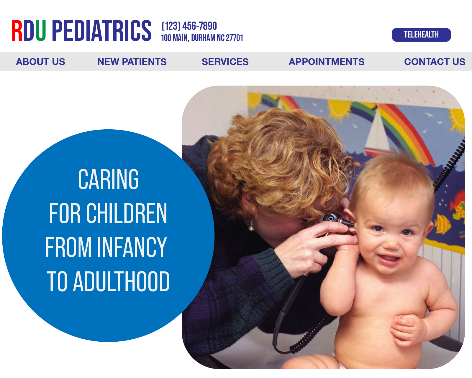 Pediatrician examining a smiling baby’s ear with an otoscope in a colorful exam room with a rainbow and sun mural.