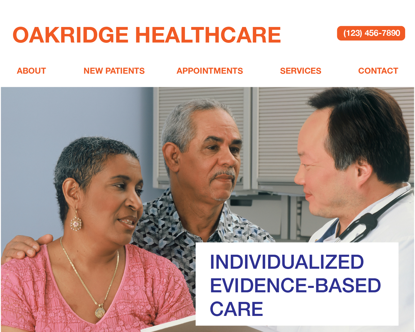 Doctor discussing individualized evidence-based care with a middle-aged couple at Oakridge Healthcare.