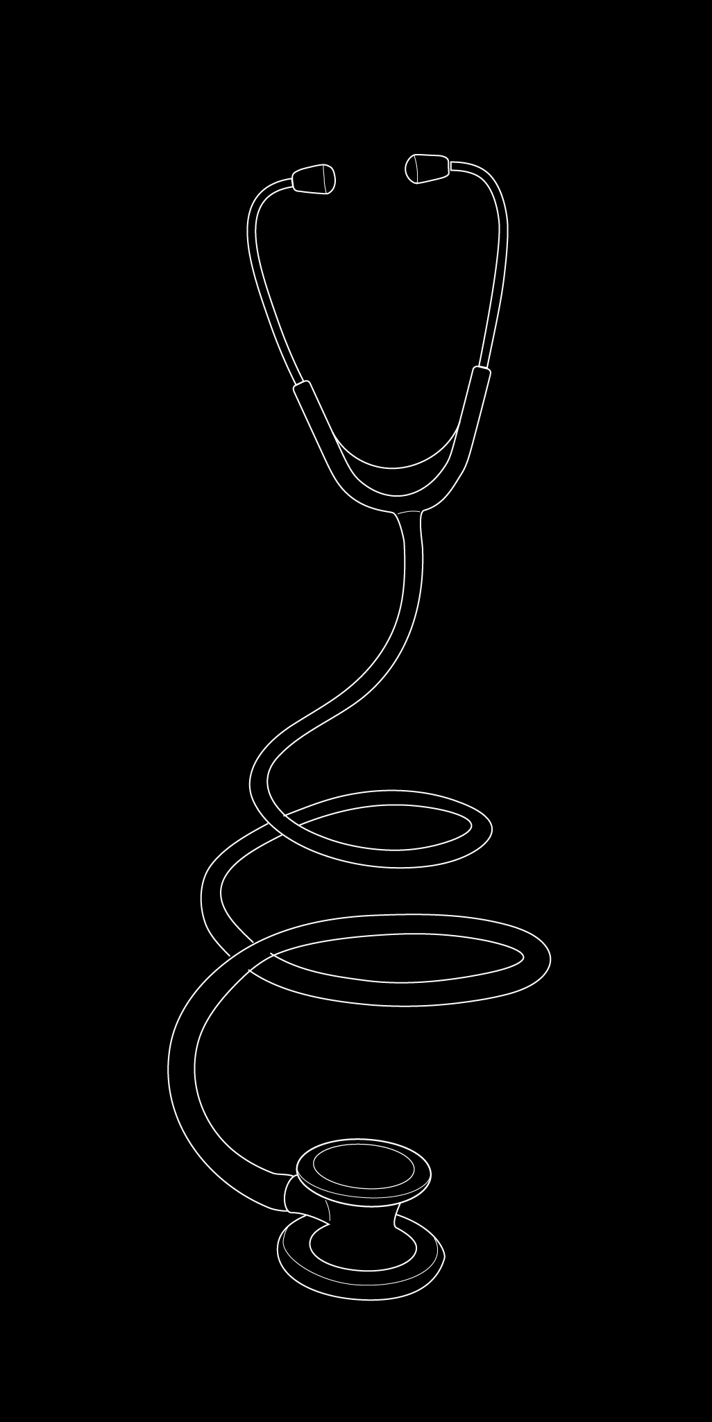 White outline illustration of a stethoscope on a black background.