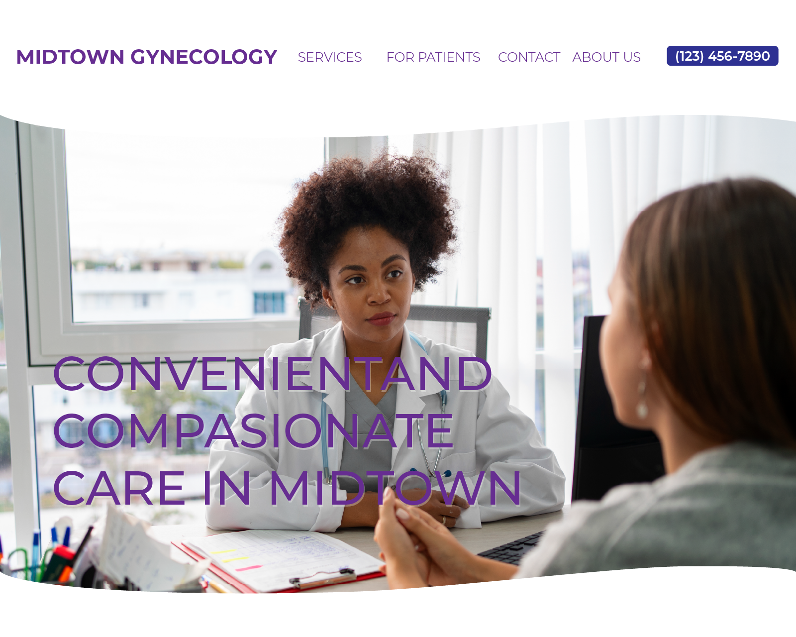 Female doctor with curly hair in white coat listening attentively to a patient in a bright office.